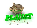 PLANET- inscription of green letters and gold Piggy 