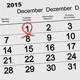 December 1, 2015 World AIDS Day. Red ribbon symbol. Calendar date reminder