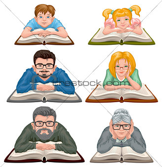Family reading book. Set people reading book