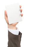 Businessman holding vertical small empty paper