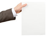 Businessman holding vertical blank paper