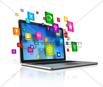 Laptop Computer and flying apps icons on a white background