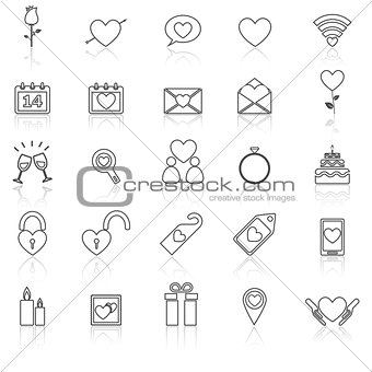 Valentine's day line icons with reflect on white