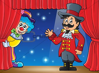 Stage with ringmaster and lurking clown