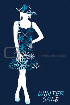 Winter sale illustration with woman silhouette in snowflakes dre