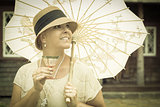 1920s Dressed Girl with Parasol and Glass of Wine Portrait