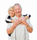 Happy Attractive Senior Couple Hugging on White Background