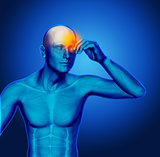 3D blue medical figure holding head in pain