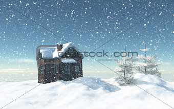 3D snowy house with trees and house