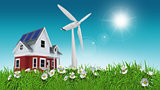 3D render of daisies in grass with house and wind turbine blurre
