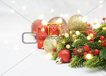 Christmas decorations and bokeh lights