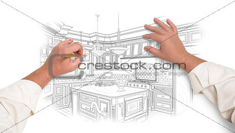 Male Hands Sketching Beautiful Custom Kitchen