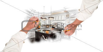 Two Male Hands Sketching Custom Kitchen with Photo Showing Throu