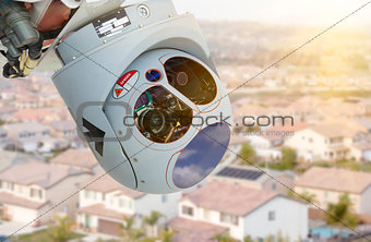 Closeup of Drone Camera and Sensor Pod Module Above Neighborhood