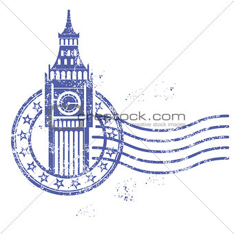 Grunge round stamp with Big Ben - landmark of London