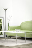 green sofa in a white room