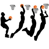 Black silhouettes of men playing basketball on a white backgroun