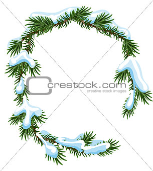 Christmas frame spruce branches in snow