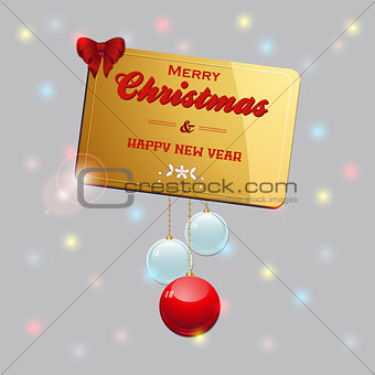 Gold Christmas card with baubles and bow