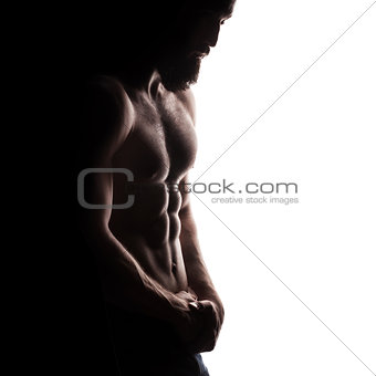 closeup of strong athletic man on white background
