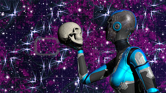 Futuristic Female Android in Deep Space holding human skull
