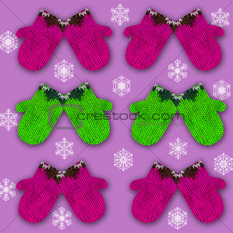 pattern with decorative ornamented mittens on purple background with snowflakes