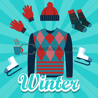 winter object icon set flat illustration items such as sweater, hat, hand glove, shocks, hot drinks, ice skating shoes