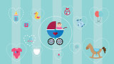 baby icon collection set with soft color and object such as stroller, horse, toys, diapers, clothes  bottle