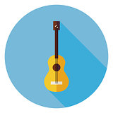 Flat Acoustic String Guitar Circle Icon with Long Shadow