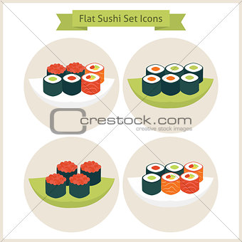 Flat Sushi Circle Icons Set