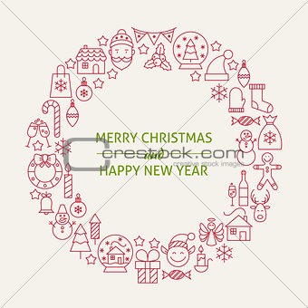 Christmas New Year Holiday Line Art Icons Set Circle