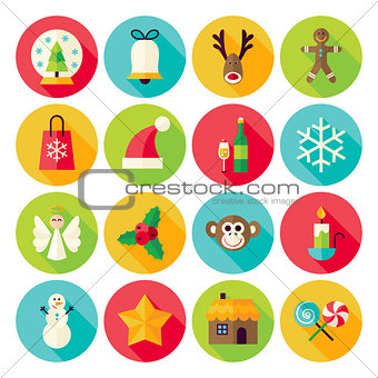 Winter Christmas New Year Circle Icons Set with long Shadow