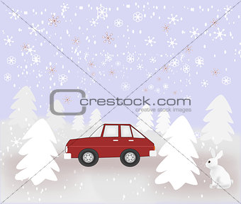 Car and Rabbit in Snowy Weather