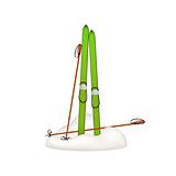 Old wooden skis and old ski poles standing in snow