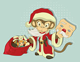 Christmas Monkey Santa with bag of gifts. Monkey symbol 2016