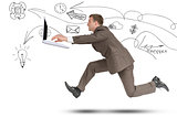 Businessman running with laptop on white