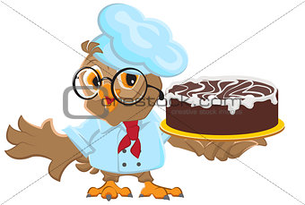 Owl Chef holding cake