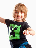 Boy with Blond Hair Smiling, Dancing to Music