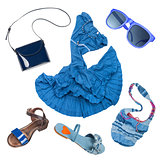Lady fashion set of summer outfit blue color isolated