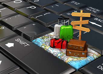 Travel the world, suitcases on the map, keyboard