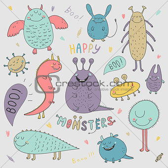 vector halloween set with hand drawn monsters
