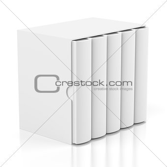 Five books in cardboard box cover on white 