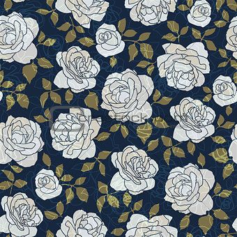 Seamless pattern made of hand drawn light roses on indigo background