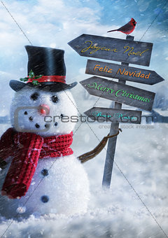 Snowman holding wooden sign with greetings