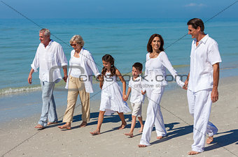 Mother, Father Granparents, Children Family Walking on Beach