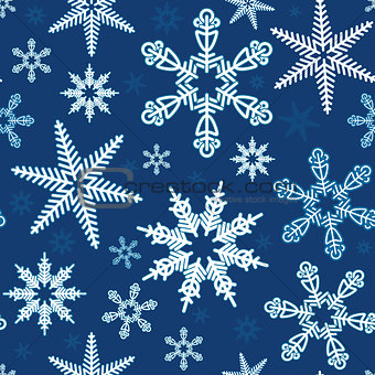 Vector Seamless illustration of white snowflakes on a blue backg