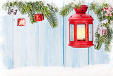 Christmas candle lantern and fir tree with decor