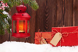 Christmas candle lantern and gift boxes