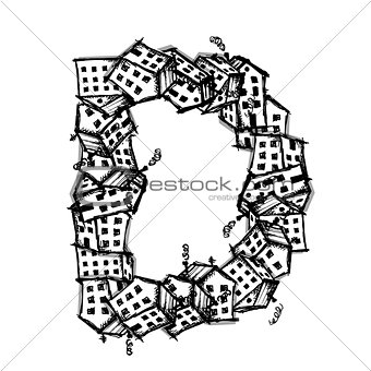 Letter D made from houses, vector alphabet design
