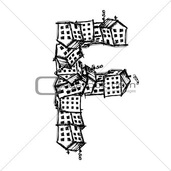 Letter F made from houses, vector alphabet design